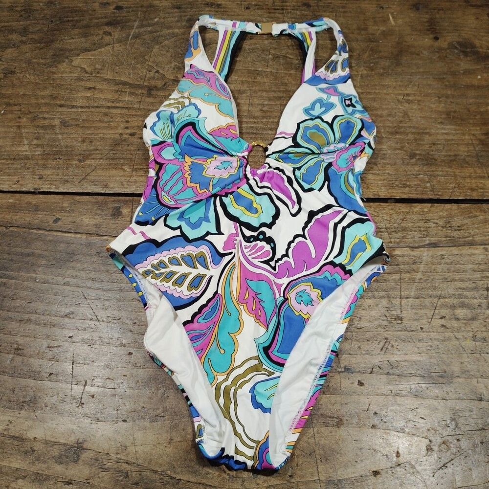 Trina Turk Sz 8 Swimsuit One Piece Multicolor Floral Gold Detail Beach